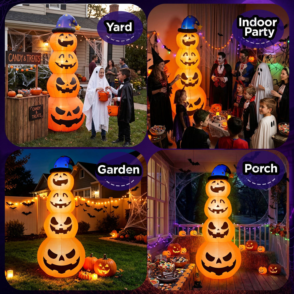 Witchwood™ 8ft Halloween Inflatable, Stacked Pumpkins with Witch Hat and Built-in LED Lights, Outdoor Blow up Yard Decor for Lawn, Garden, Porch and Halloween Party, Orange