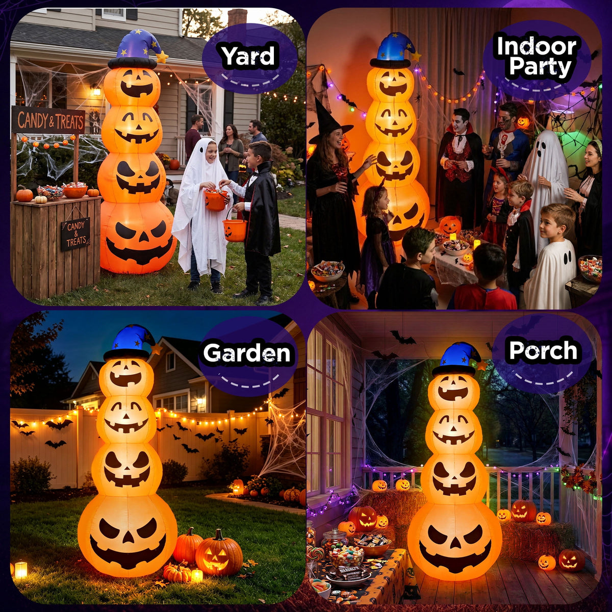 Witchwood™ 8ft Halloween Inflatable, Stacked Pumpkins with Witch Hat and Built-in LED Lights, Outdoor Blow up Yard Decor for Lawn, Garden, Porch and Halloween Party, Orange
