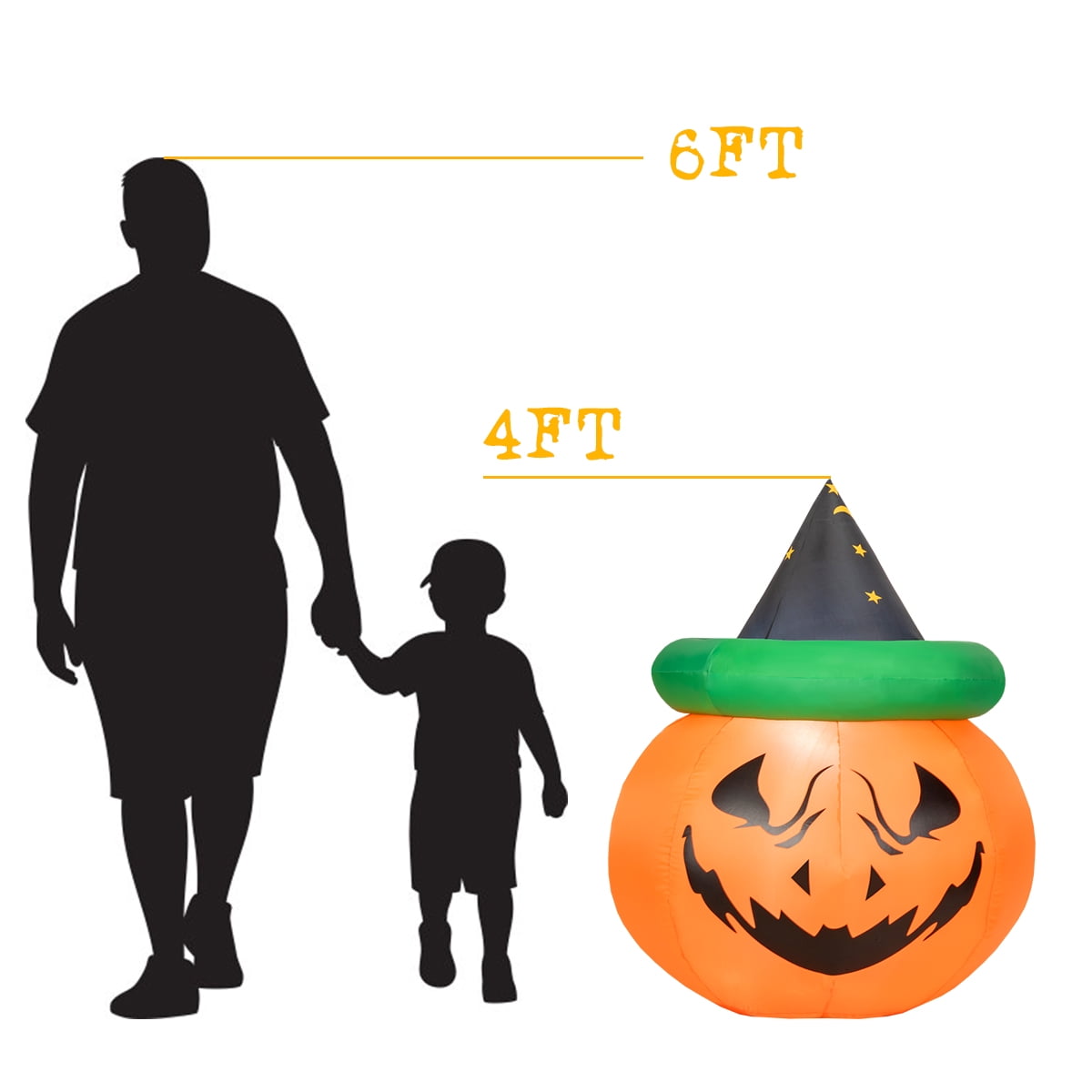 Witchwood™ Patiojoy Halloween Decoration 4 Ft Blow-up Inflatable Pumpkin With Witch Hat LED Bulbs Yard