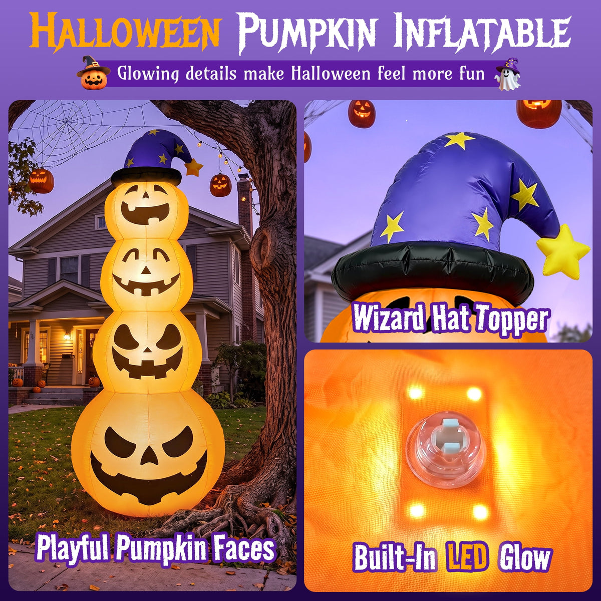 Witchwood™ 8 ft Halloween Pumpkin Stack Inflatable Decoration with Witch Hat, Lighted Blow up Yard Decor for Outdoor Lawn Garden