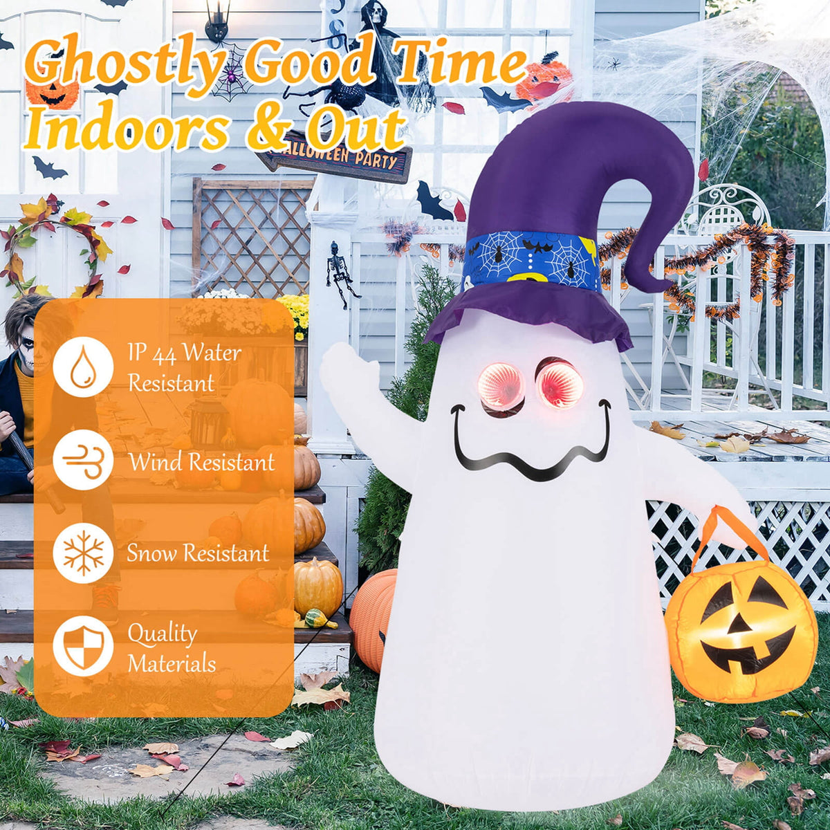 Witchwood™ Costway 6 Ft Halloween Inflatables Cute Ghost with Jack-O-Lantern & Witch Hat