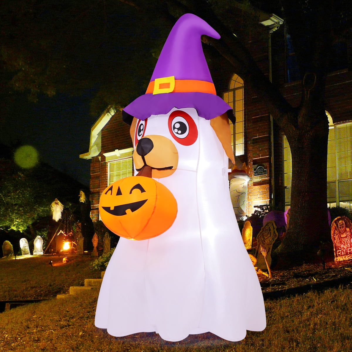 Witchwood™ Halloween Inflatables 6 FT Inflatable Ghost Dog with Pumpkin in Mouth & Witch Hat, Halloween Ghost Dog Inflatables with LED Lights, Outdoor Halloween Decorations for Halloween Holiday Party