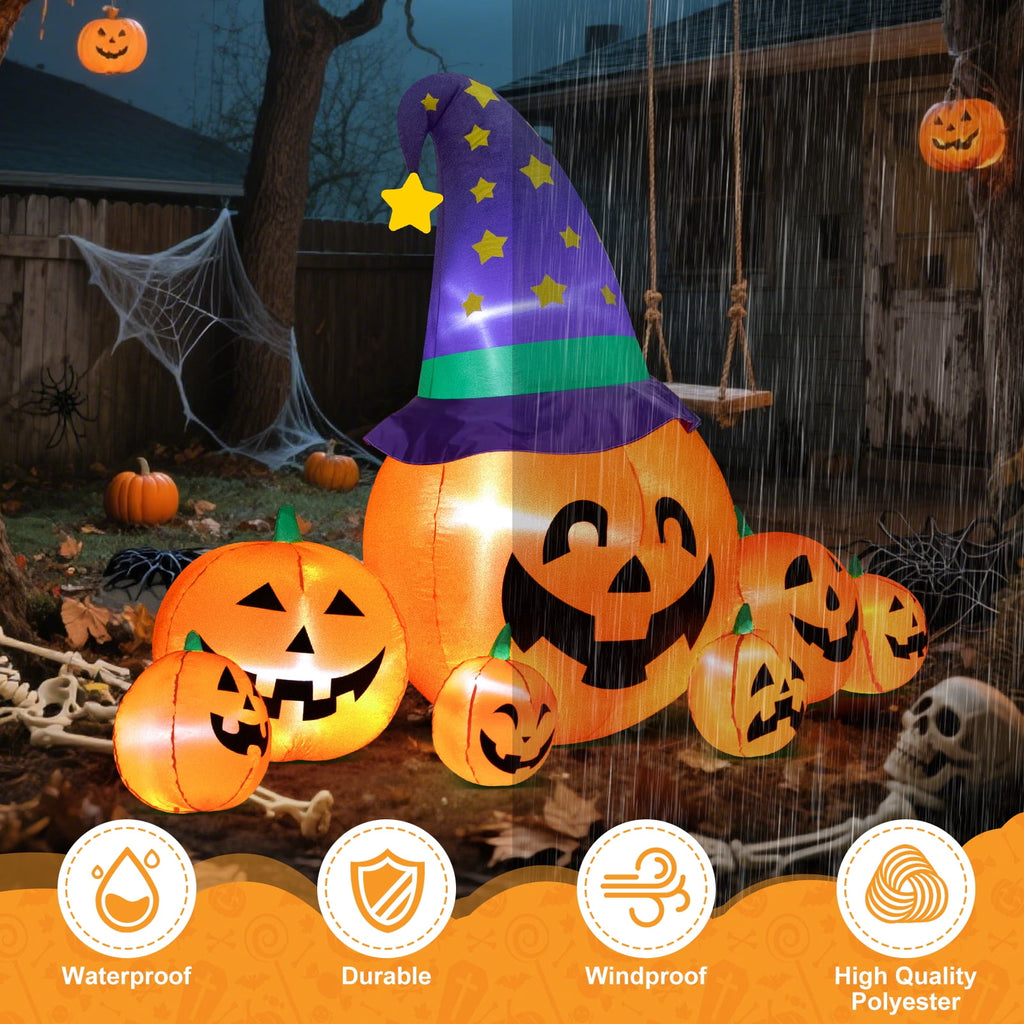 Witchwood™ 8.7FT Halloween Inflatable Pumpkin Set, 7-Pumpkin Outdoor Decoration with Witch Hats and LED Lights for Yard, Garden, Lawn