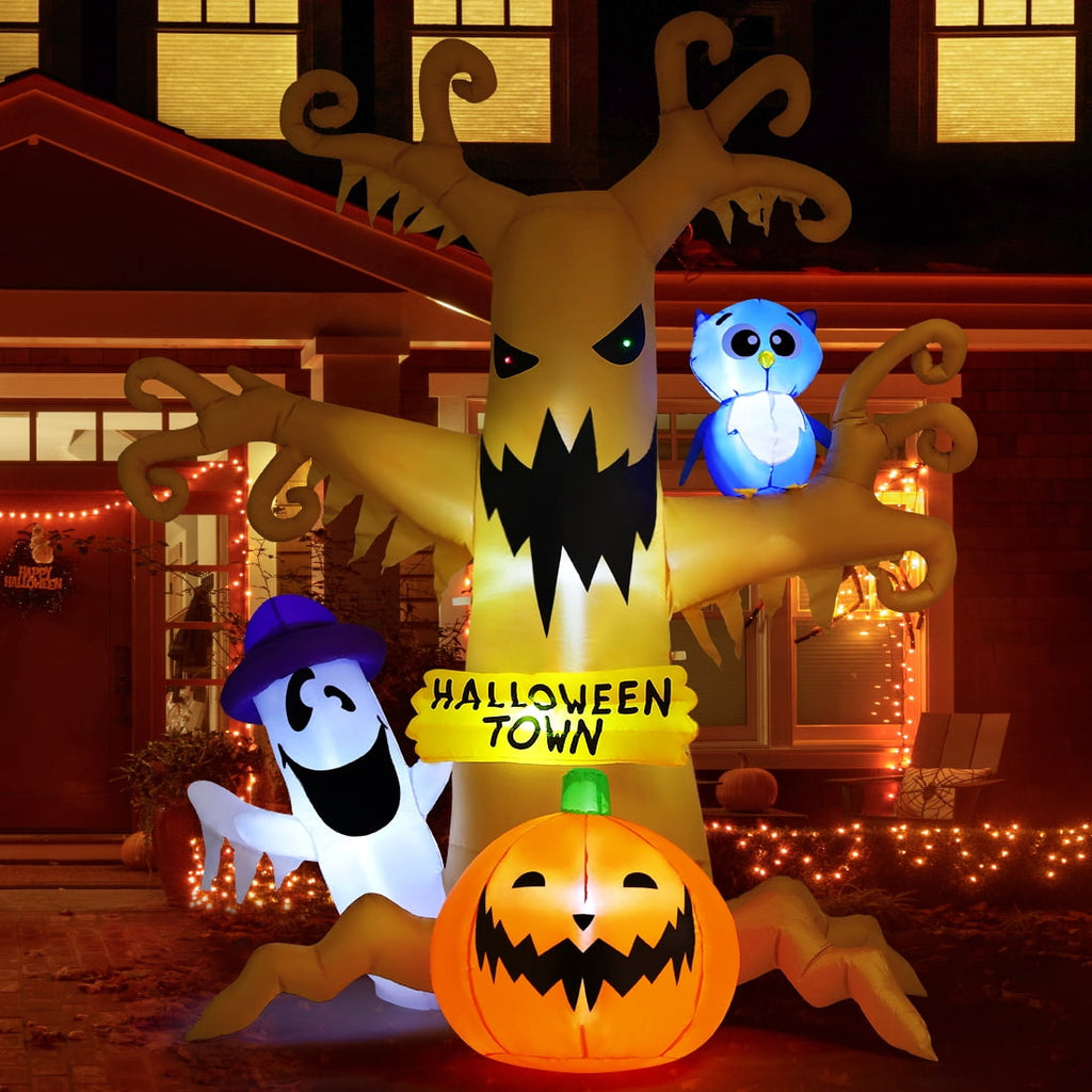 Witchwood™ Halloween Inflatables 8 FT Halloween Inflatable tree with Ghost Pumpkin and Owl, Halloween Dead Tree Decorations Scary Halloween Decorations with Built-in Lights for Halloween/Holiday/Party