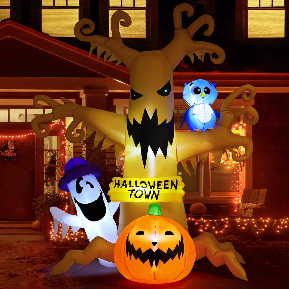 Witchwood™ Halloween Inflatables 8 FT Halloween Inflatable tree with Ghost Pumpkin and Owl, Halloween Dead Tree Decorations Scary Halloween Decorations with Built-in Lights for Halloween/Holiday/Party