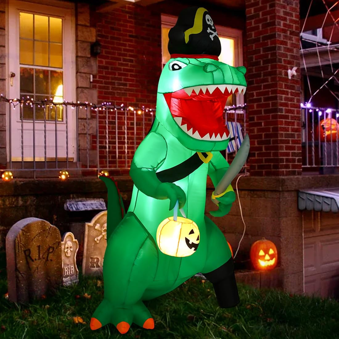 Witchwood™ 7FT Outdoor Halloween Decorations Halloween Dinosaur Inflatable, Halloween Inflatables Blow up Dinosaur, Green Pirate Dino Halloween Decorations Dinosaur Halloween Inflatable for Holiday/Party