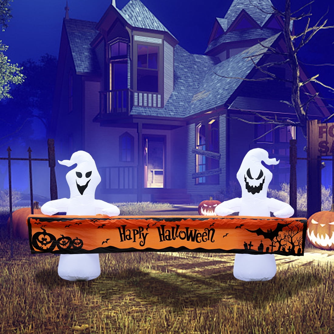 Witchwood™ Large Hallowee Inflatable-8FT White Ghosts with Orange Banner Print ?Happy Halloween? LED Lights Outdoor Halloween Decorations Blow Up Decoration for Halloween Party, Yard, Garden, Lawn
