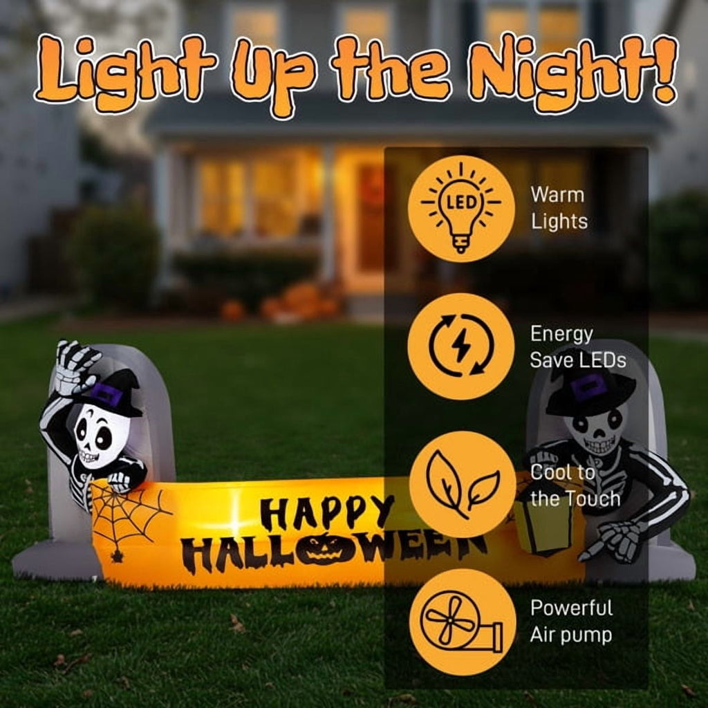 Witchwood™ 9.6FT Halloween Inflatable Skeleton Tombstone Banner, Built-in 4 White LED Lights, Quick Inflation for Yard/Patio/Party