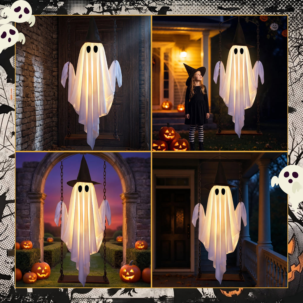 Witchwood™ Halloween Decorations Outdoor, Hanging Swing Ghosts with Lights Halloween Spooky Cute Ghosts Decor for Outside Home Front Porch Yard Lawn Tree