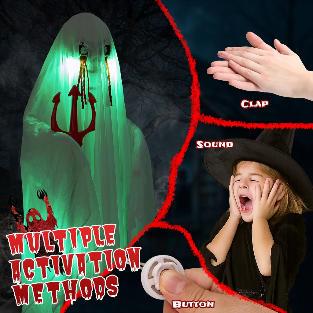 Witchwood™ 4.5ft Hanging Ghost Animated Halloween Decoration Creepy Halloween Skeleton w/ Pre-Recorded Screaming, LED Eyes