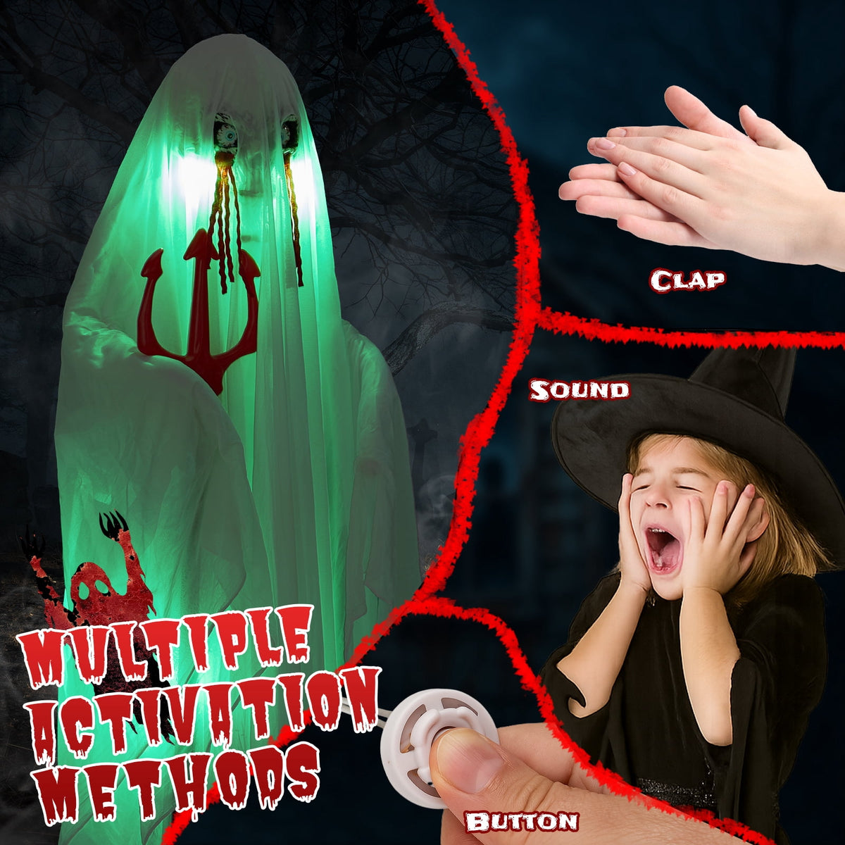 Witchwood™ 4.5ft Hanging Ghost Animated Halloween Decoration Creepy Halloween Skeleton w/ Pre-Recorded Screaming, LED Eyes