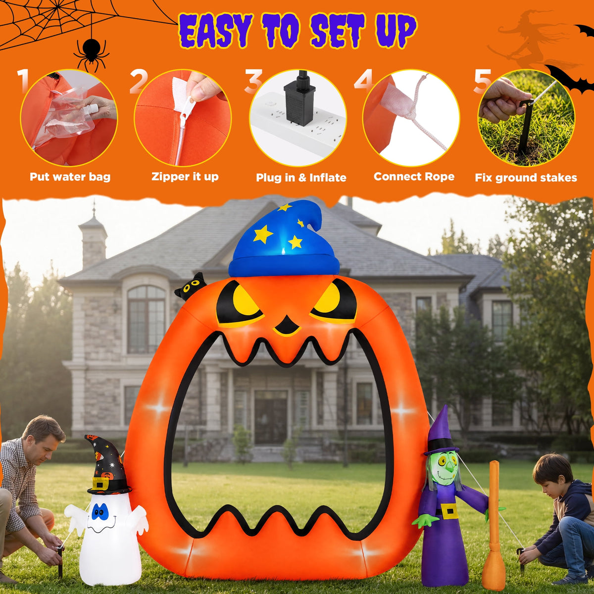 Witchwood™ 8.2ft Halloween Inflatable Pumpkins Photo Door with Ghost Witch Yard Party Outdoor Decorations with LED Lights