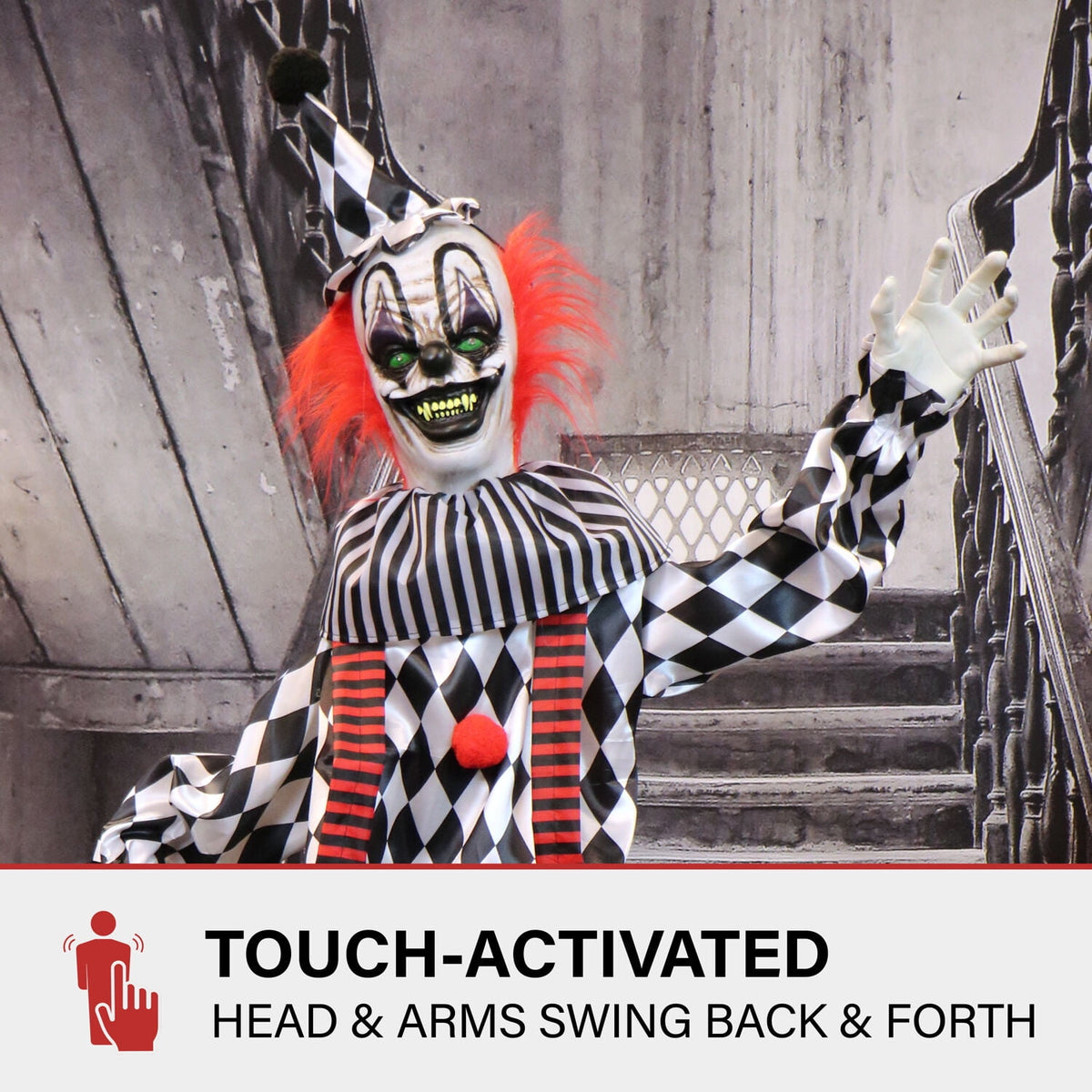 Witchwood™ 6 ft Animatronic Talking Clown on a Stage with Movement and Light-Up Eyes for Scary Halloween Decoration, HHCLOWN-31FLSA