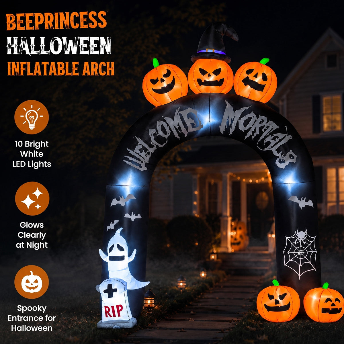 Witchwood™ 10FT Halloween Inflatable Arch for Outdoor Decor, LED Lighted Scary Archway with Ghost & Pumpkin, Blow Up Yard Decoration for Haunted Party Graveyard
