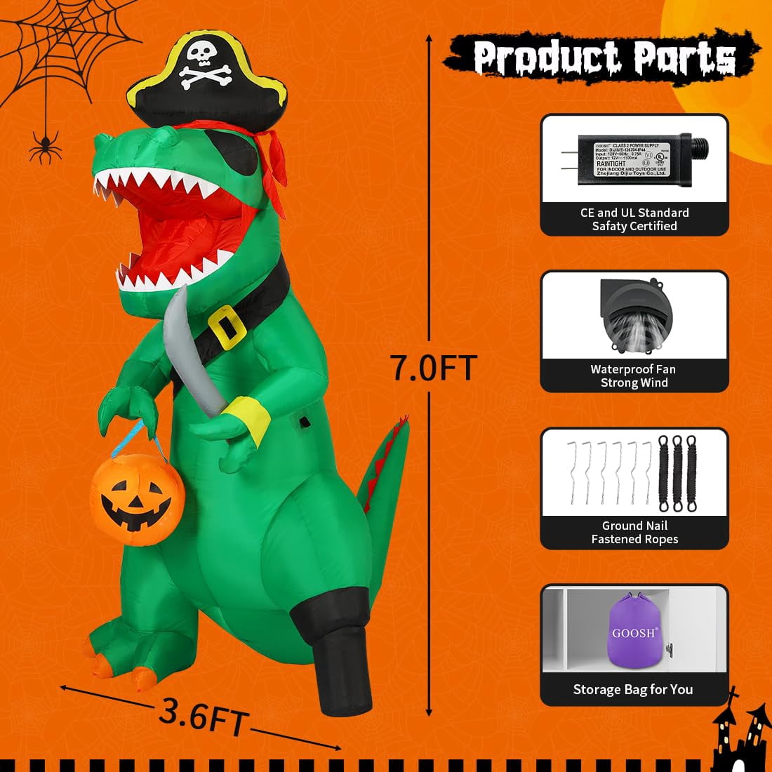 Witchwood™ 7FT Outdoor Halloween Decorations Halloween Dinosaur Inflatable, Halloween Inflatables Blow up Dinosaur, Green Pirate Dino Halloween Decorations Dinosaur Halloween Inflatable for Holiday/Party
