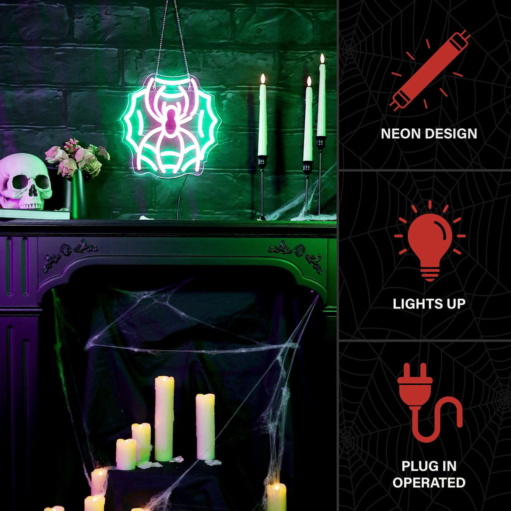 Witchwood™ Spider with Web Pink & Green Halloween Décor with Neon LED Lights, 0.9-Ft