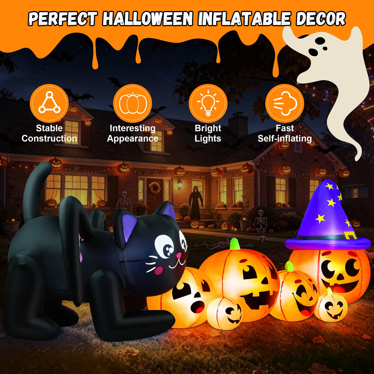 Witchwood™ 9FT Halloween Inflatable Black Cat with Pumpkin,Halloween Yard Decoration with 8 LED Lights,Blow Up Outdoor Lawn Decor