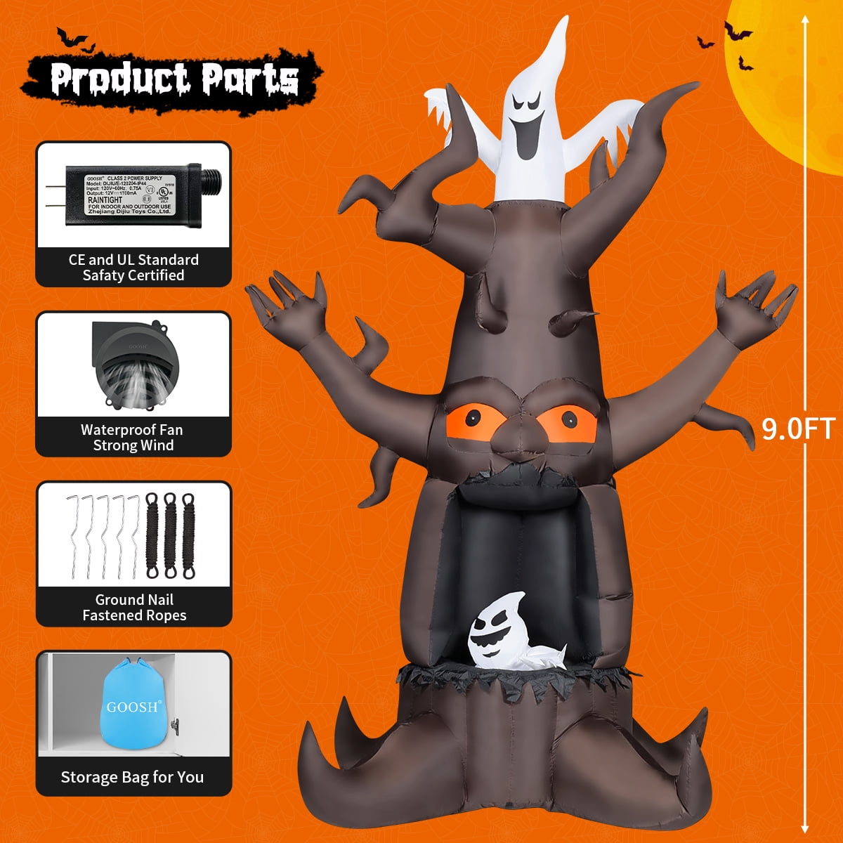 Witchwood™ Halloween Inflatables 9 FT Animated Halloween Tree Inflatables with Built-in LED lights, Scary Spooky Tree Inflatable with White Ghost, Outdoor Halloween Decorations for Halloween Holiday Party