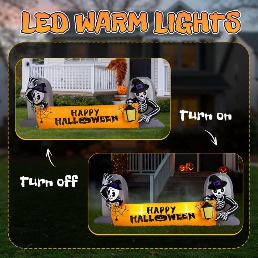 Witchwood™ 9.6FT Halloween Inflatable Skeleton Tombstone Banner, Built-in 4 White LED Lights, Quick Inflation for Yard/Patio/Party