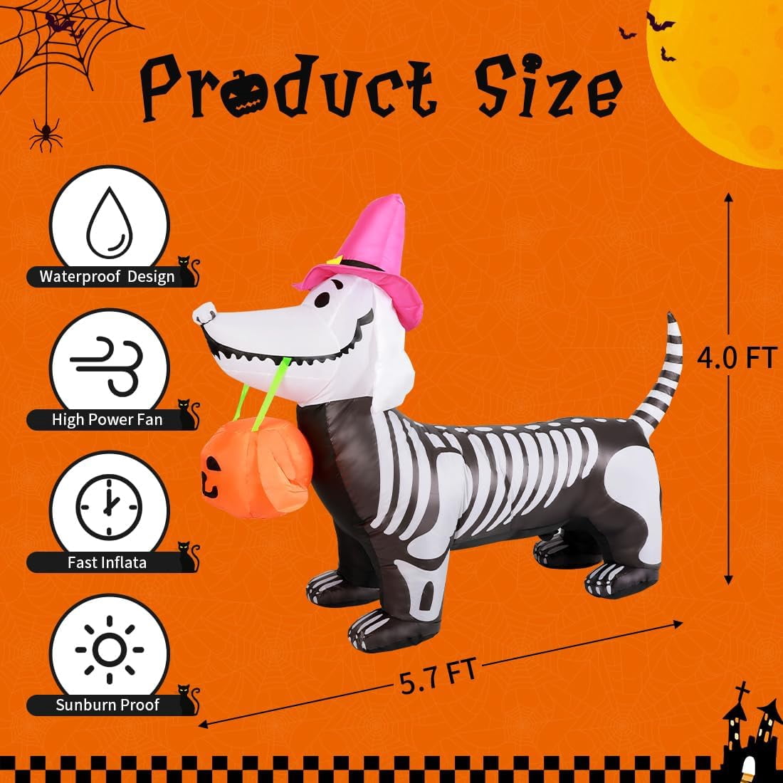 Witchwood™ Halloween Inflatables 5.7 FT Halloween Skeleton Dog Inflatable, Halloween Skeleton Puppy Inflatable with Build-in LEDs, Outdoor Halloween Decorations Clearance for Halloween Holiday Party