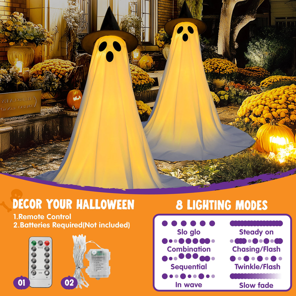 Witchwood™ 2 Packs Halloween Decorations Outdoor,Light Up Halloween Spooky Standing Ghost with Witch Hat,Scary Ghosts Decor with LED Lights for Front Porche Yard Garden Home