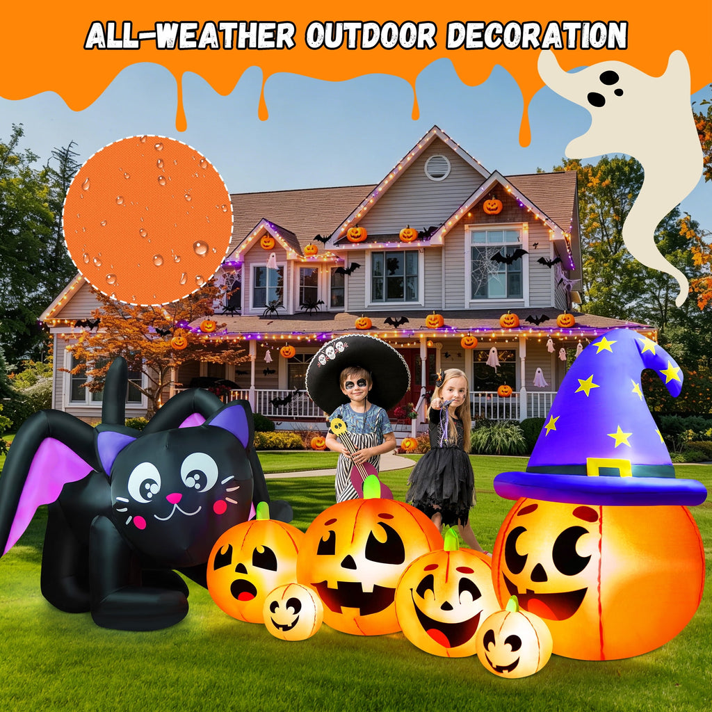 Witchwood™ 9FT Halloween Inflatable Black Cat with Pumpkin,Halloween Yard Decoration with 8 LED Lights,Blow Up Outdoor Lawn Decor