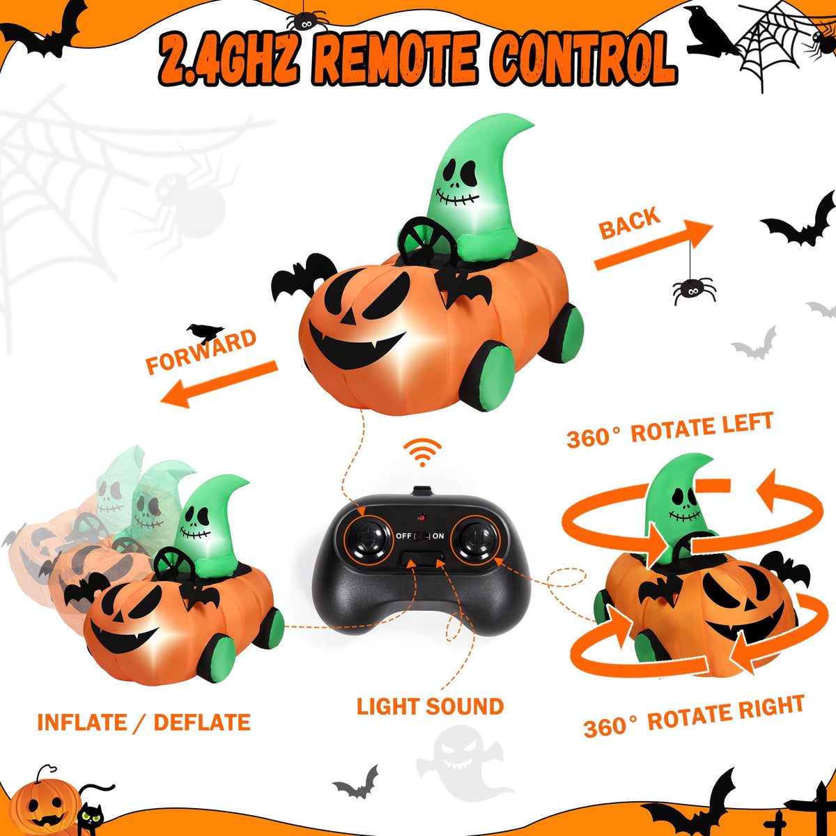 Witchwood™ 2.6ft Halloween Inflatable with Music and Lights,Remote Control Pumpkin Ghost Car,Blow ups Rc Car,Indoor Outdoor,Orange Green