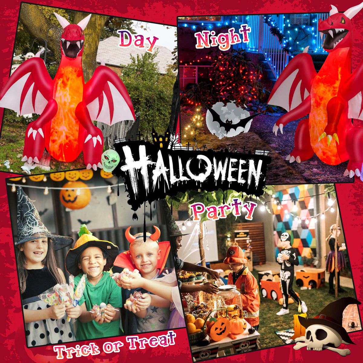 Witchwood™ Costway 8 FT Halloween Inflatable Red Dragon with Wings & Skull Holiday Decoration Light