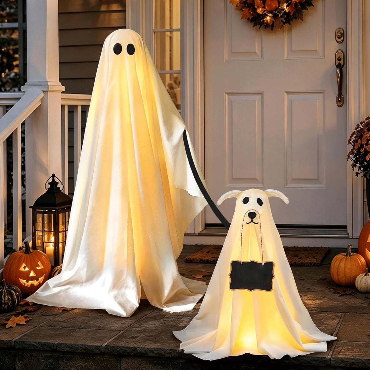 Witchwood™ Clearance Outdoor Halloween Decorations 2 Pack Spooky Ghost Dog Light-Up Freestanding Swinging Ghost for Front Door Porch Yard Lawn Home Party