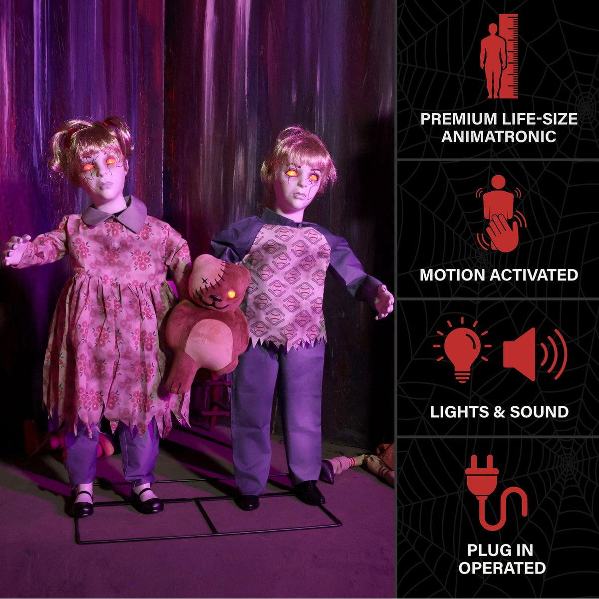 Witchwood™ Apocalypse Twins Halloween Animatronics with Red Eyes & Head Sync, 3-Ft