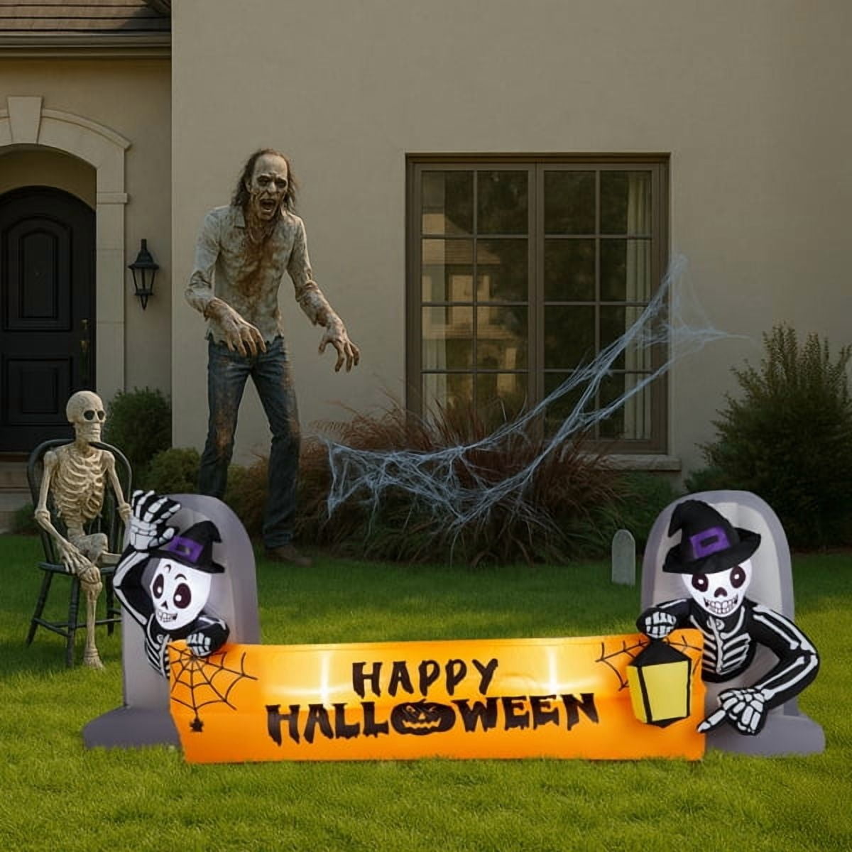 Witchwood™ 9.6FT Halloween Inflatable Skeleton Tombstone Banner, Built-in 4 White LED Lights, Quick Inflation for Yard/Patio/Party