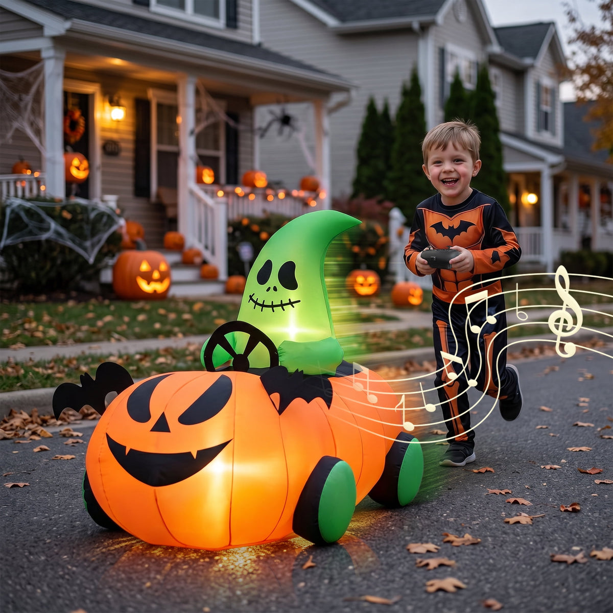 Witchwood™ (2 pack) 2.6ft Halloween Inflatable with Music and Lights,Remote Control Pumpkin Ghost Car,Blow ups Rc Car,Indoor Outdoor,Orange Green