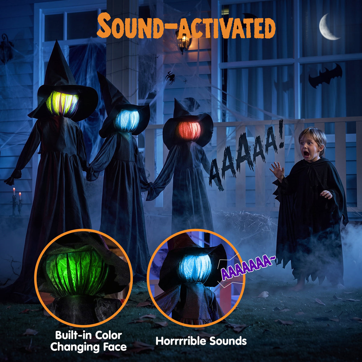 Witchwood™ 3 Pack Witches Halloween Decorations Outdoor, 51" Sound Activated Light Up Flying Witch Stakes with Color Changing Face & Creepy Sound, Life Size Halloween Props for Lawn Grave Party