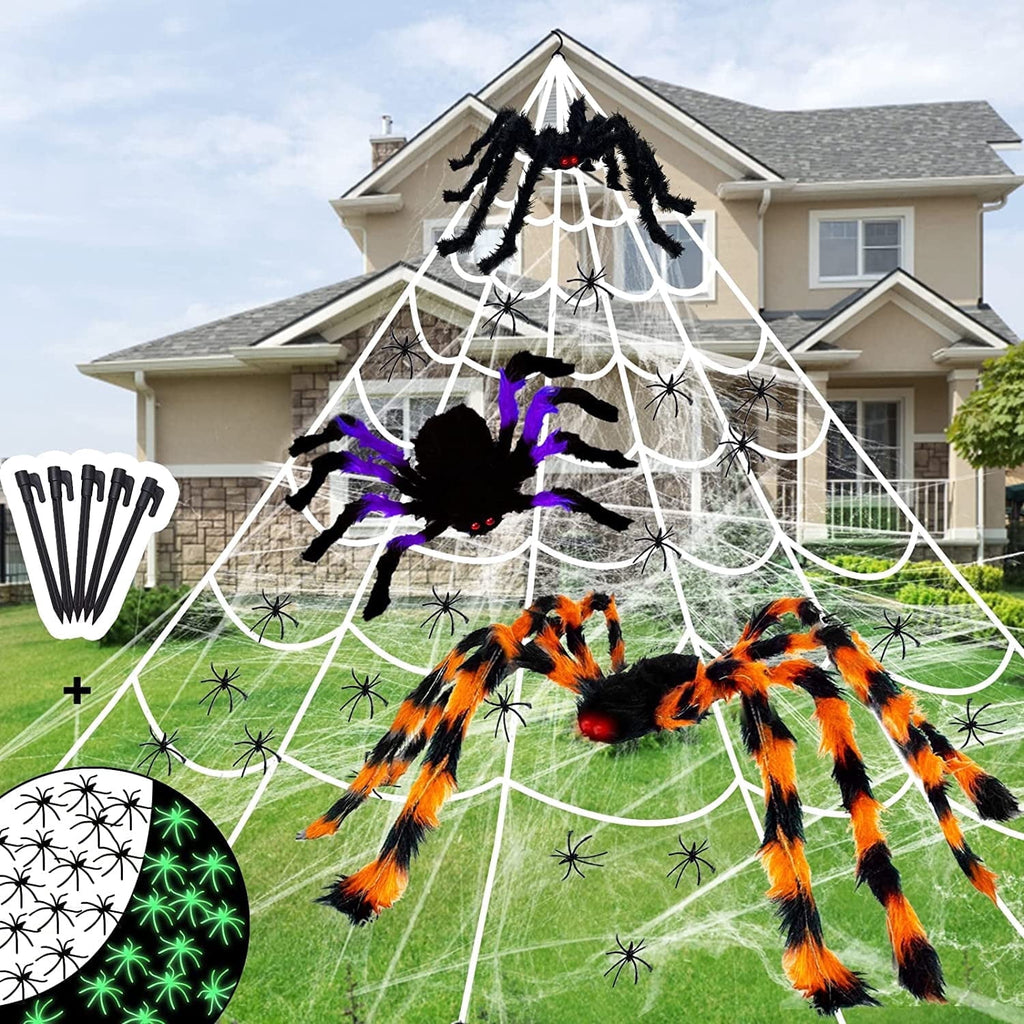 Witchwood™ JoyX Giant Halloween Spider Web Decoration Set, 23 ft Huge Web with 50" Large Spider, LED Light, and Glow in The Dark Spiders for Outdoor Yard Decor