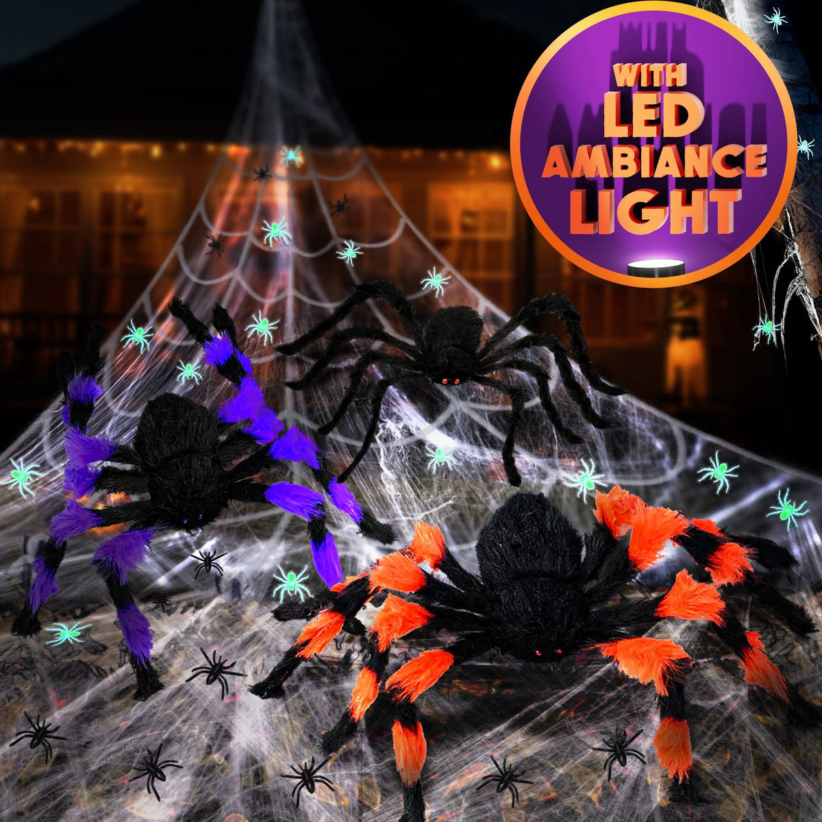 Witchwood™ JoyX Giant Halloween Spider Web Decoration Set, 23 ft Huge Web with 50" Large Spider, LED Light, and Glow in The Dark Spiders for Outdoor Yard Decor