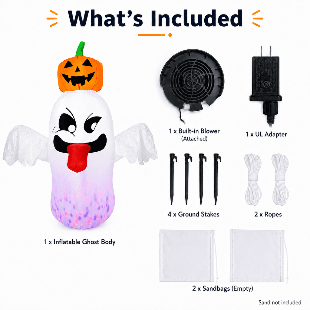 Witchwood™ 6FT Halloween Inflatable Ghost with Pumpkin Head, Light-Up Blow Up Outdoor Yard Decoration with White and RGB LED Lights