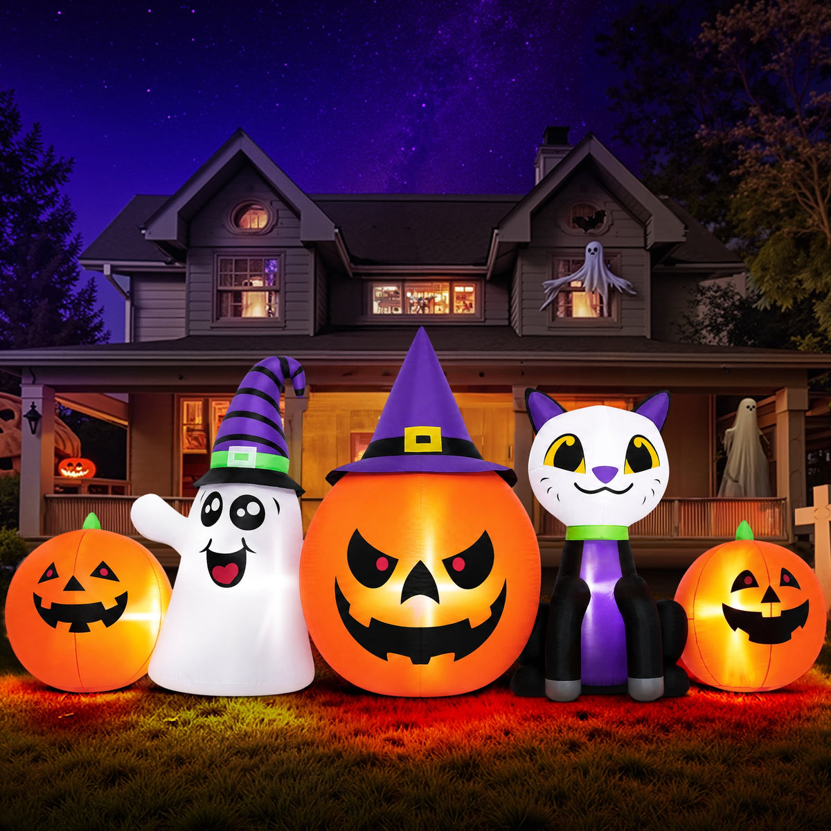 Witchwood™ 8FT Halloween Inflatable Pumpkins Ghost Cat with Lights,Blow ups Outdoor Decorations for Yard