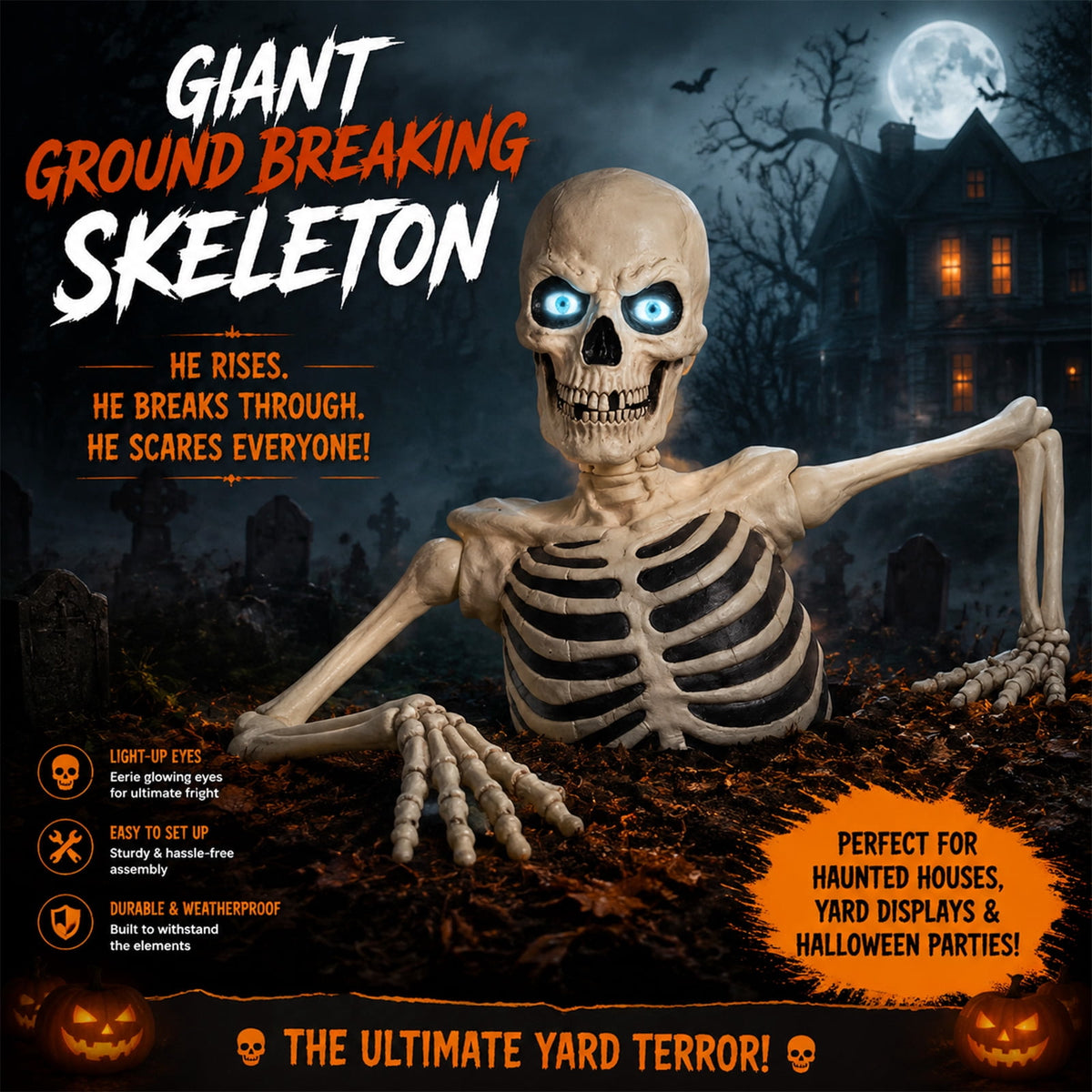 Witchwood™ Clearance Halloween Decorations Skeletons, Giant Ground Breaking Skeleton with LCD Eyes, Spooky Haunted Home Halloween Decorations Outdoor for Yard, Patio & Front Porch