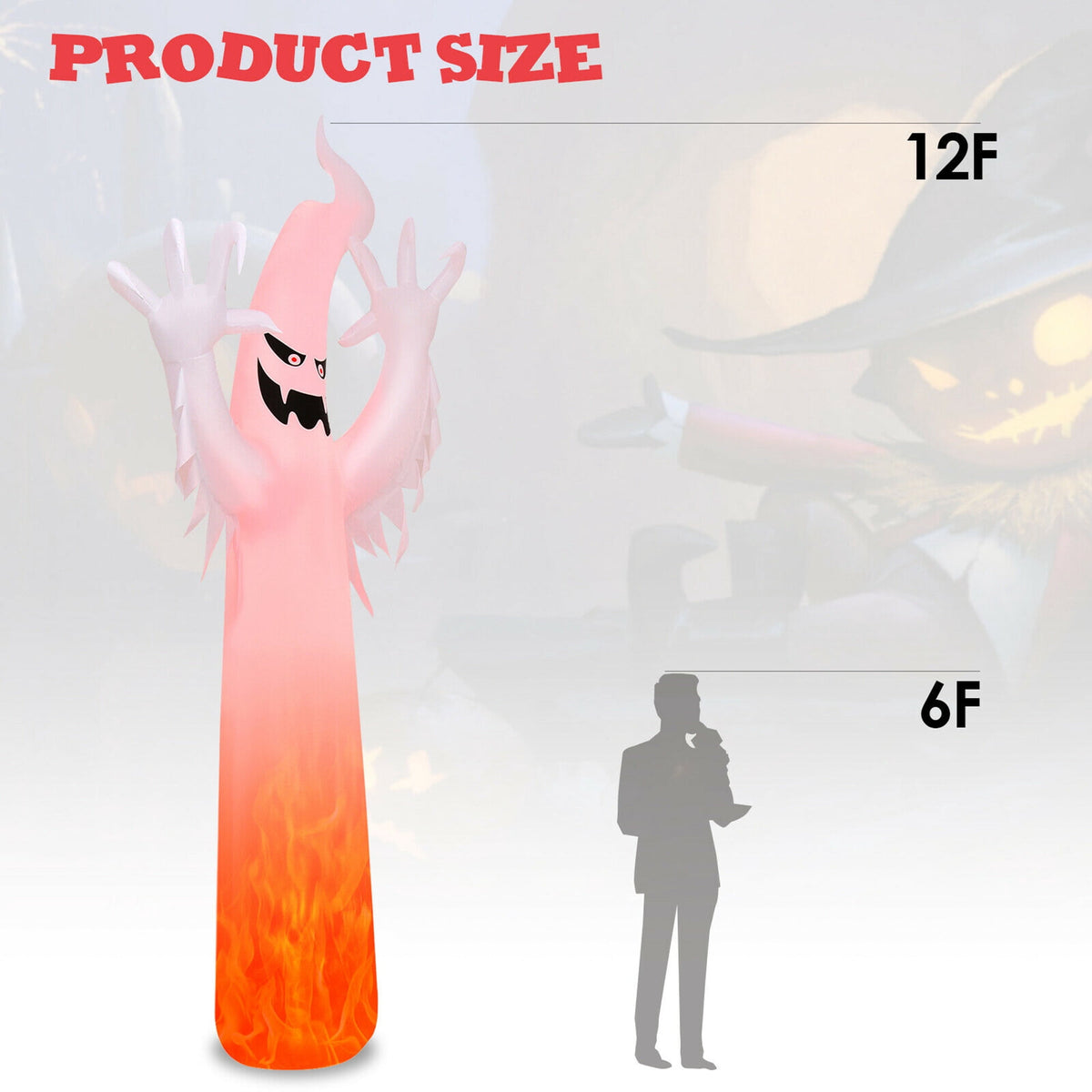 Witchwood™ Gymax 12ft Inflatable Halloween Ghost Blow Up Decoration w/ Built-in Flame Light