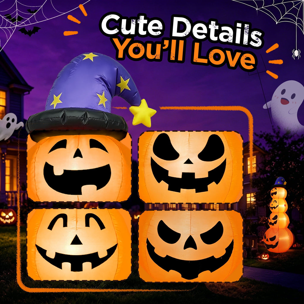 Witchwood™ 8ft Halloween Inflatable, Stacked Pumpkins with Witch Hat and Built-in LED Lights, Outdoor Blow up Yard Decor for Lawn, Garden, Porch and Halloween Party, Orange
