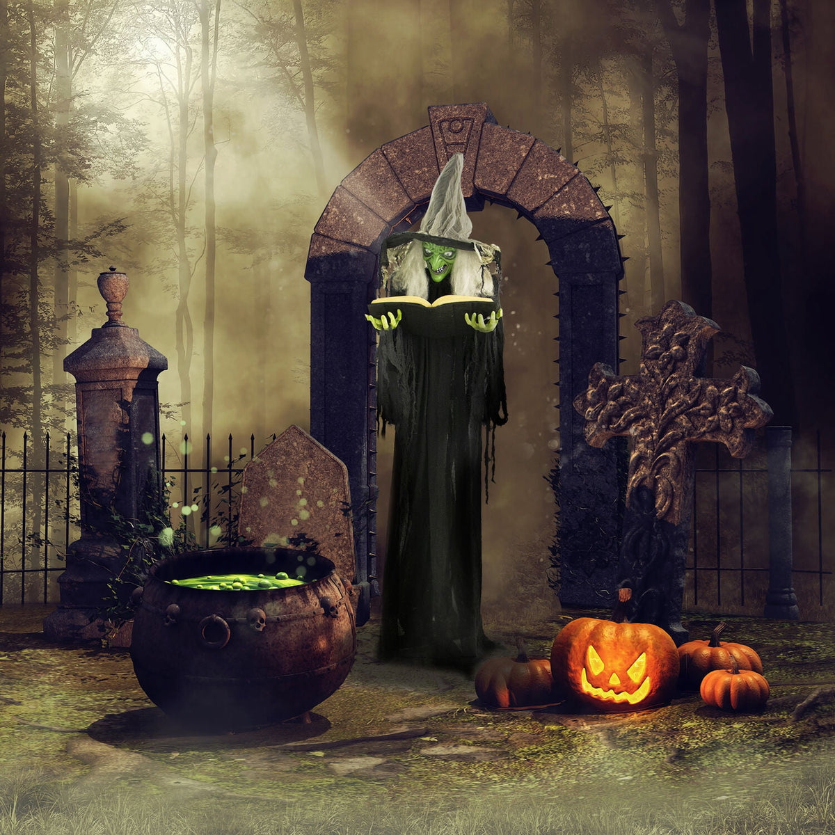 Witchwood™ 5.5 ft Poseable Witch with Spell Book, Lights and Sound, Indoor/Covered Outdoor Halloween Decoration, HHWITCH-9FLS