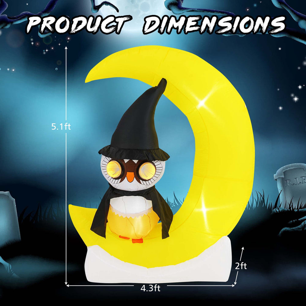 Witchwood™ Costway 4.3 x 5.1 ft Inflatable Owl on Moon LED Lighted Halloween Decoration w/ Large Moon & Wizard Owl w/ Stakes & Sandbags