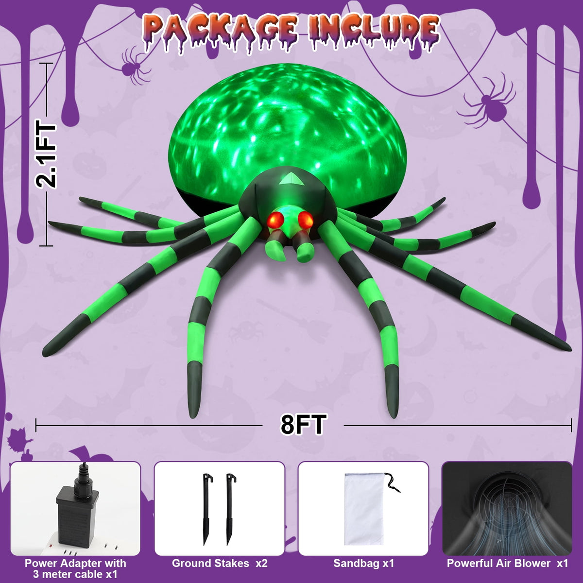 Witchwood™ 8FT Halloween Inflatables Outdoor Decorations Giant Spider Decorations with LED Lights and Air Pump Blow up Inflatable Green