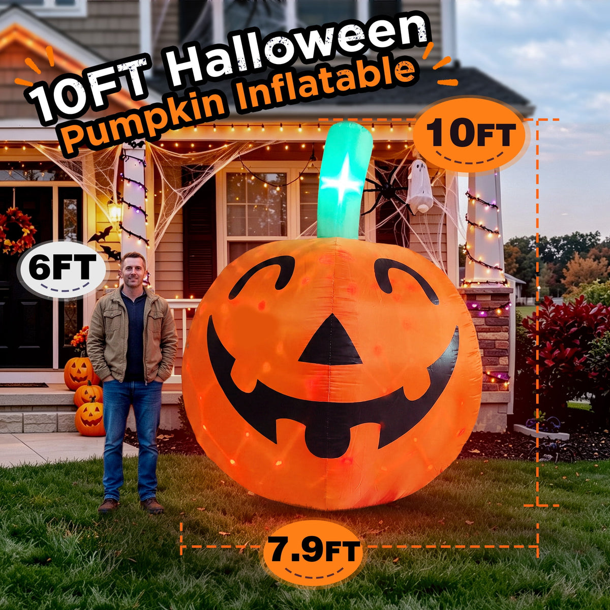 Witchwood™ 10ft Halloween Inflatable Pumpkin Decoration with Built-in LED Lights, Outdoor Yard Blow up for Halloween Party, Yard, Garden, Lawn