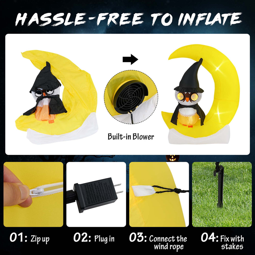 Witchwood™ Costway 4.3 x 5.1 ft Inflatable Owl on Moon LED Lighted Halloween Decoration w/ Large Moon & Wizard Owl w/ Stakes & Sandbags