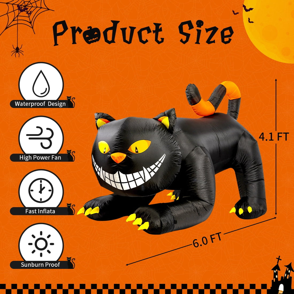 Witchwood™ Halloween Inflatable 6 FT Black Cat Inflatable Moving Head, Scary Halloween Decorations Black Cat with LED Lights Built-in, Halloween Outdoor Decorations Clearance for Holiday/Party/Yard/Garden