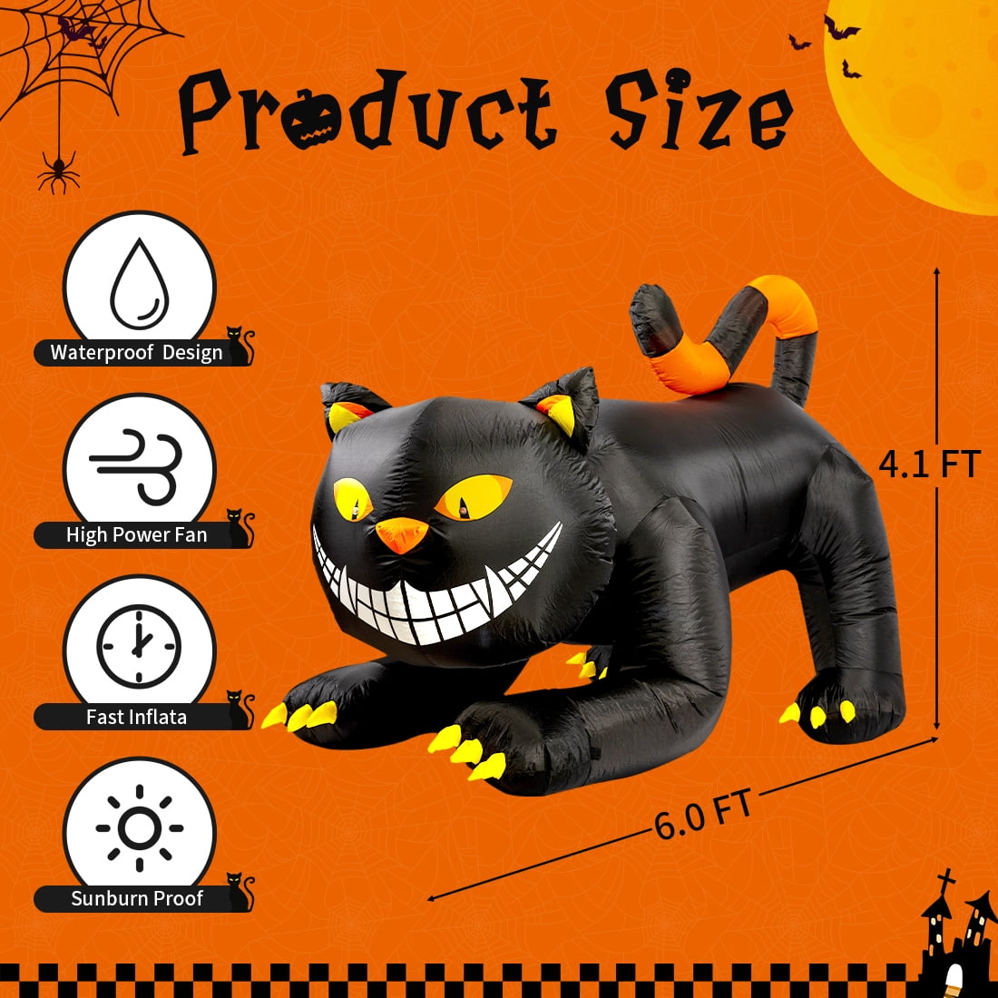 Witchwood™ Halloween Inflatable 6 FT Black Cat Inflatable Moving Head, Scary Halloween Decorations Black Cat with LED Lights Built-in, Halloween Outdoor Decorations Clearance for Holiday/Party/Yard/Garden