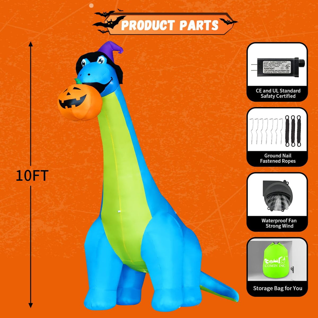 Witchwood™ COMIN Halloween Inflatables 10 FT Tall Dinosaurs Eating Pumpkin Blow Up Yard Decoration with Built-in LED for Yard Garden Party Lawn