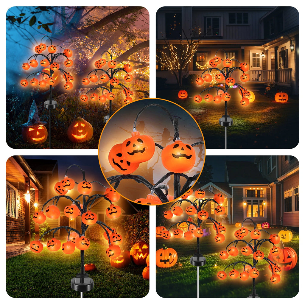 Witchwood™ 2 packs 40 LEDs Solar Halloween Pumpkin Stake Lights, 2 Modes Outdoor Waterproof Halloween Decorations, Solar Halloween Lights Stakes for Garden Yard Pathway