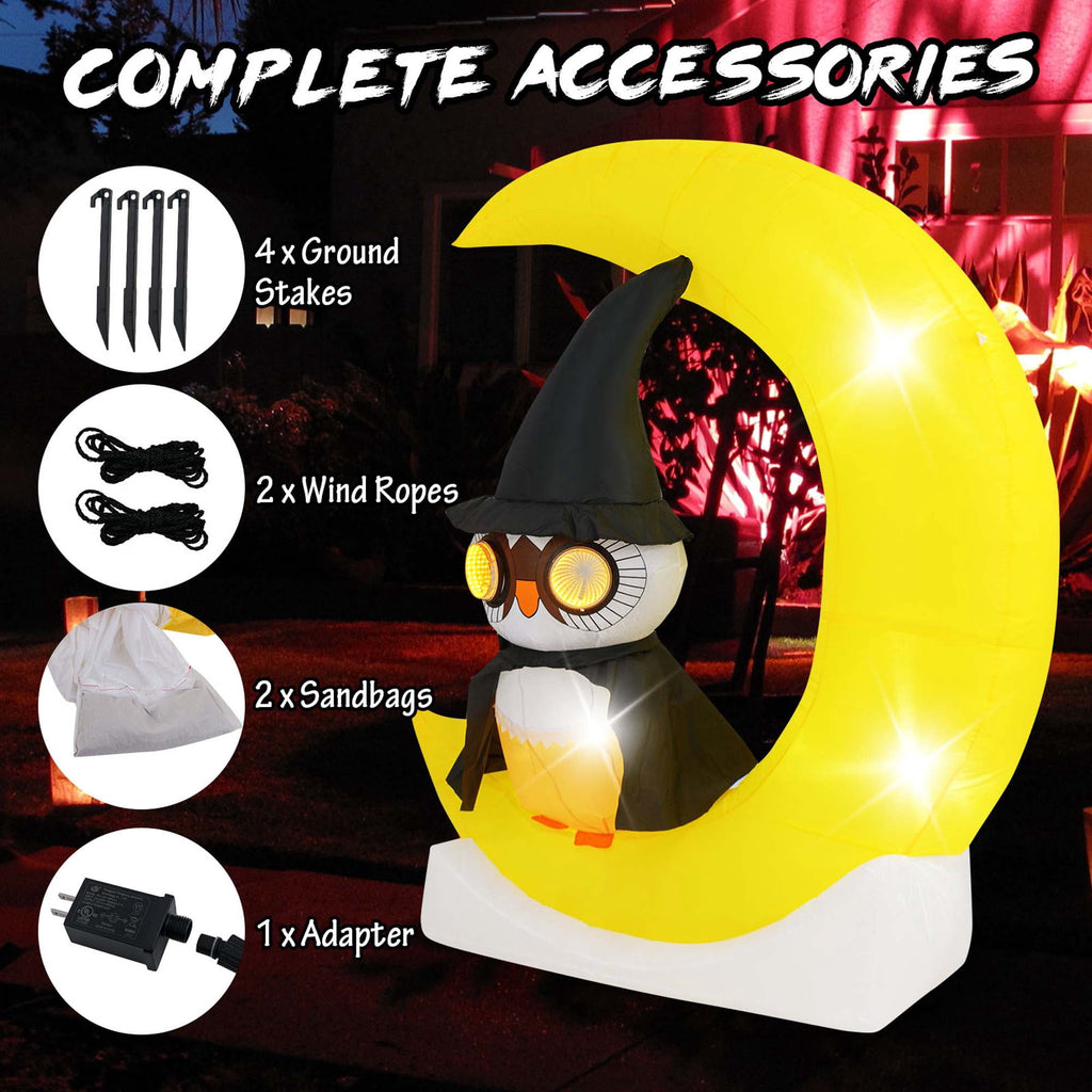 Witchwood™ Costway 4.3 x 5.1 ft Inflatable Owl on Moon LED Lighted Halloween Decoration w/ Large Moon & Wizard Owl w/ Stakes & Sandbags